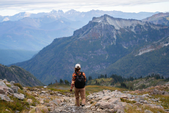 A person with a backpack on a mountain trail