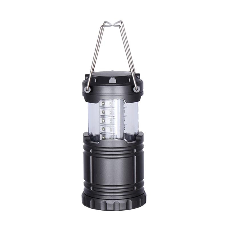 A gray collapsible camping lantern with 30 LEDs visible through a clear plastic section is shown against a white background. The lantern has a metal carrying handle that folds down.