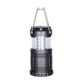 A gray collapsible camping lantern with 30 LEDs visible through a clear plastic section is shown against a white background. The lantern has a metal carrying handle that folds down.