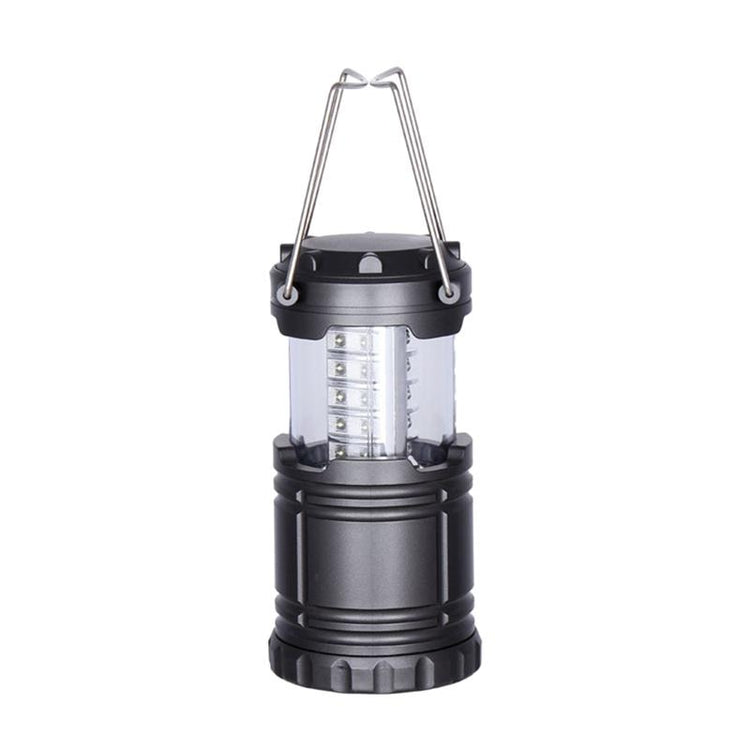 A gray collapsible camping lantern with 30 LEDs visible through a clear plastic section is shown against a white background. The lantern has a metal carrying handle that folds down.