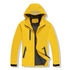 A bright yellow thickened and padded winter jacket with a hood featuring a reflective stripe, a front zipper, and zippered chest and side pockets.