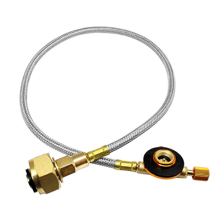 A propane refill adapter, showing its metal body and stainless steel braided pipe, designed to refill flat gas tanks.