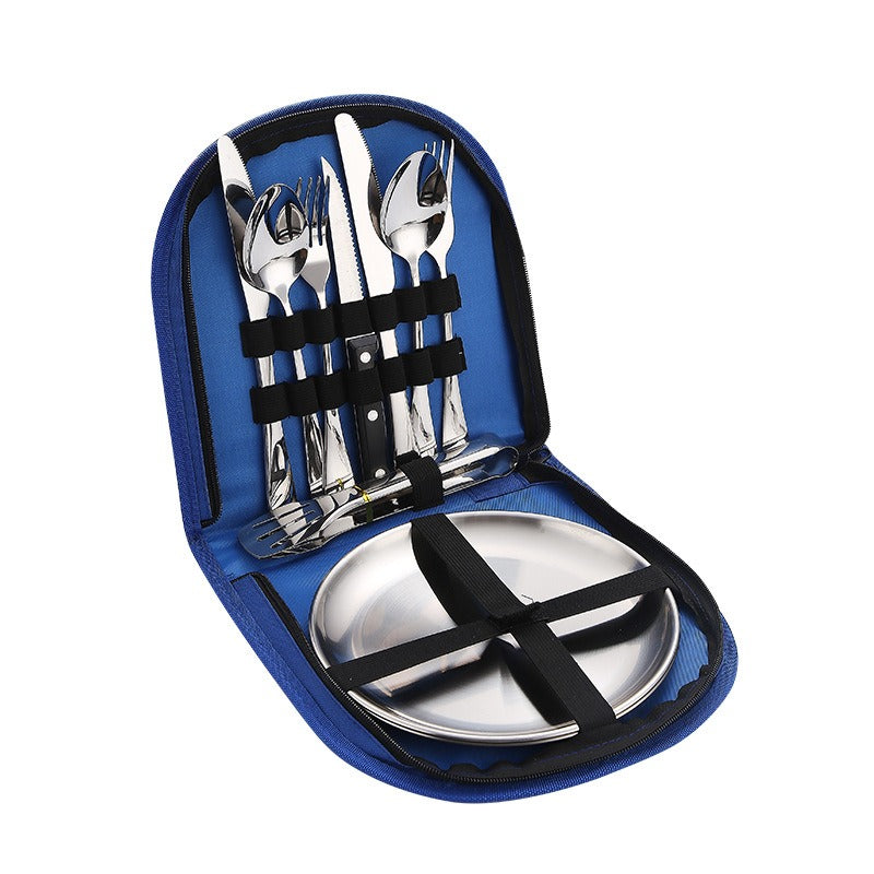 Lightweight Stainless Steel Camping Flatware Set with Dinner Plates & Portable Bag - Perfect for Outdoor Dining