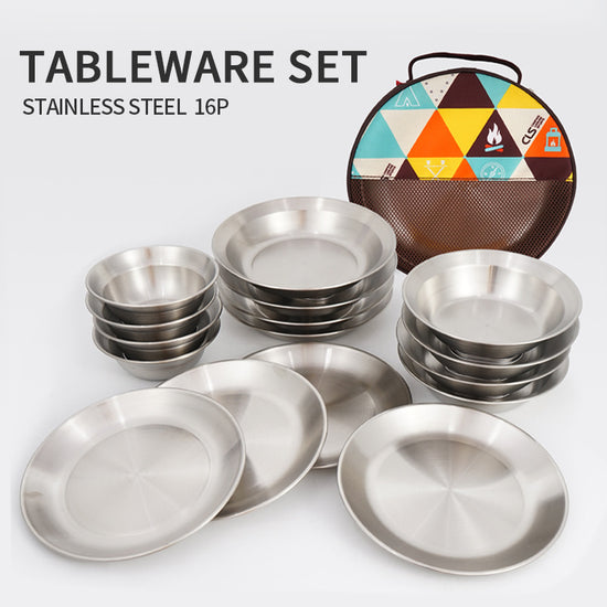 A 16-piece stainless steel camping tableware set including plates and bowls, neatly arranged with a colorful geometric patterned storage bag in the background.