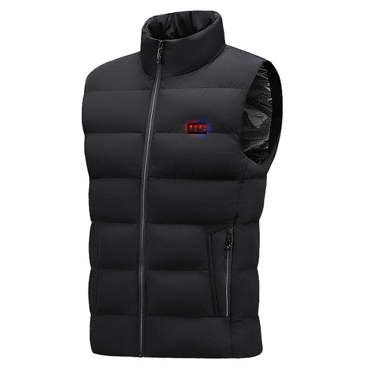 A black intelligent 23-zone USB electric heating vest with a stand-up collar and zippered front. A small illuminated control panel is visible on the chest.