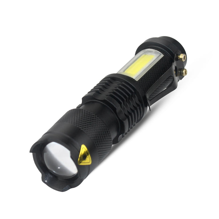 A compact black aluminum alloy LED flashlight with a zoomable lens on one end and a rectangular COB LED panel on the side.