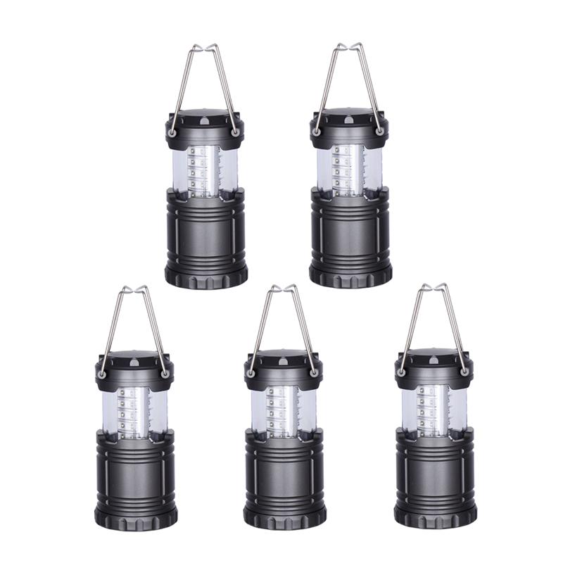 A grey, 30 LED collapsible camping lantern, shown both in its collapsed, compact form and fully extended, illuminating its LED bulbs and demonstrating its foldaway handles for carrying or hanging.