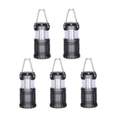 A grey, 30 LED collapsible camping lantern, shown both in its collapsed, compact form and fully extended, illuminating its LED bulbs and demonstrating its foldaway handles for carrying or hanging.