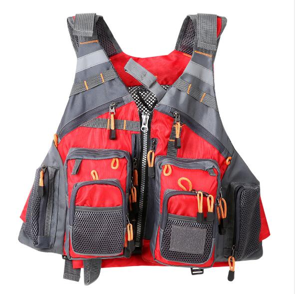A red and gray Lixada fishing life vest with multiple zippered and mesh pockets, adjustable straps, and reflective elements.