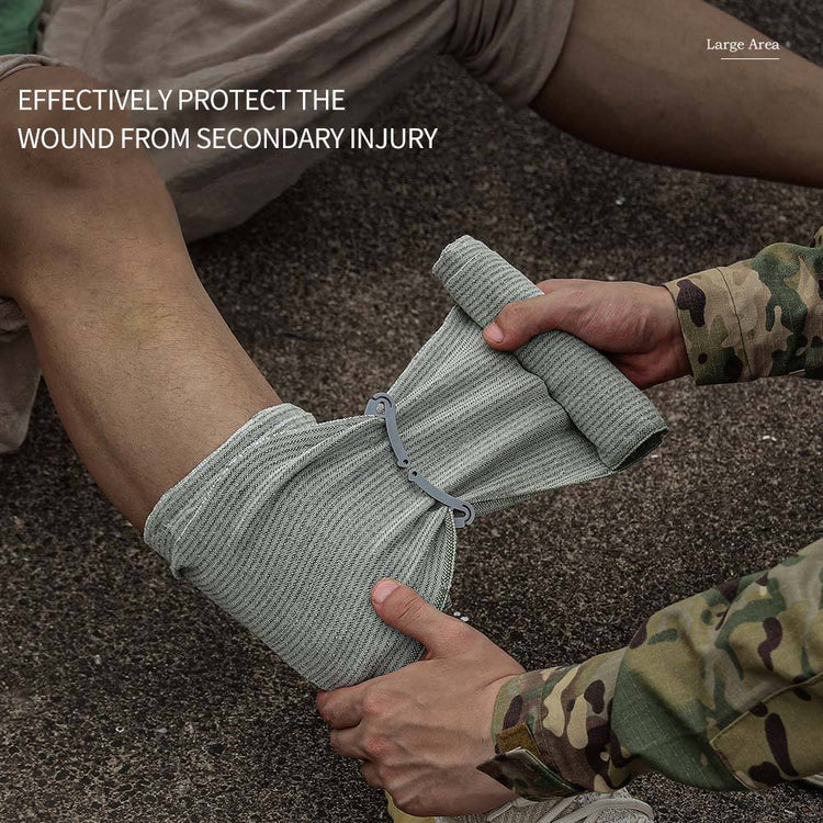An elastic tactical tourniquet and vacuum pressurized Israeli bandage, shown both packed and in use, designed for trauma management and first aid.