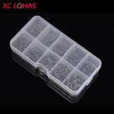 A clear plastic tackle box with ten compartments, each filled with numerous silver circle fishing hooks of varying sizes. The "XC LOHAS" logo is visible in the upper left corner.