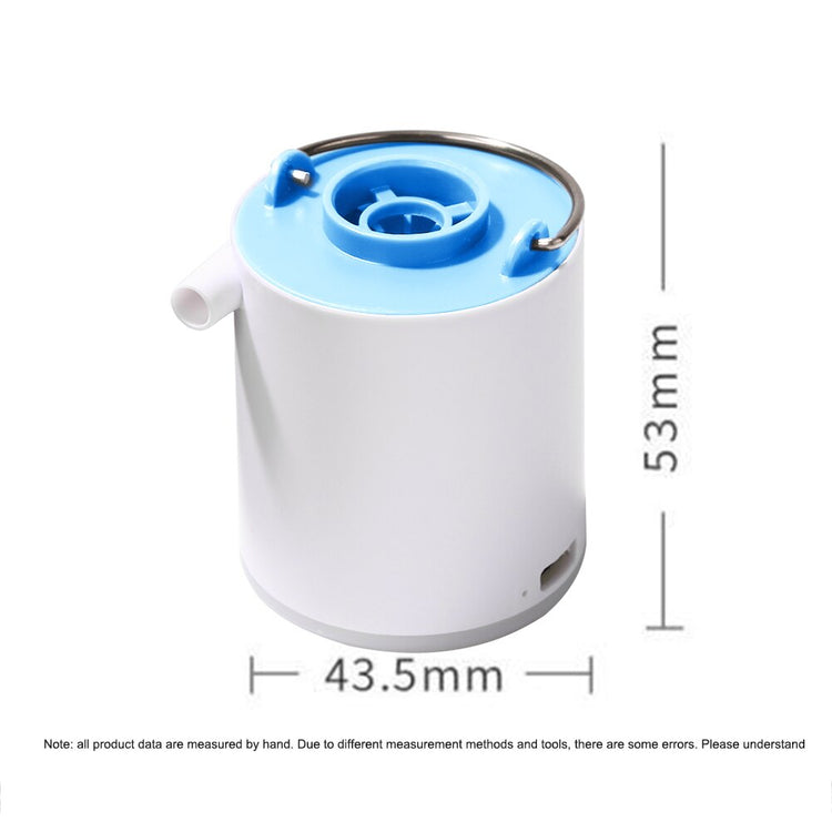 A small, white and gray cylindrical electric air pump with a nozzle and two buttons is shown. Dimensions are indicated as 43.5mm (width) and 53mm (height). Text notes that product data is measured by hand and may have errors.