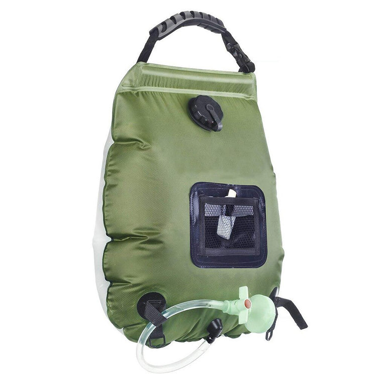 A green 20L portable solar camping shower bag is shown against a white background. The bag has a black carrying handle at the top, a black on/off valve, a small transparent window, and a clear hose with a light green shower head attached at the bottom.