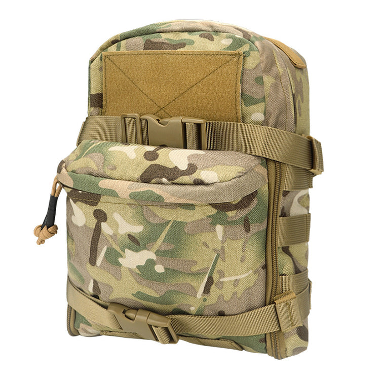 A camouflage tactical water bag designed to be worn like a vest, with a front pouch and MOLLE webbing for attaching accessories.