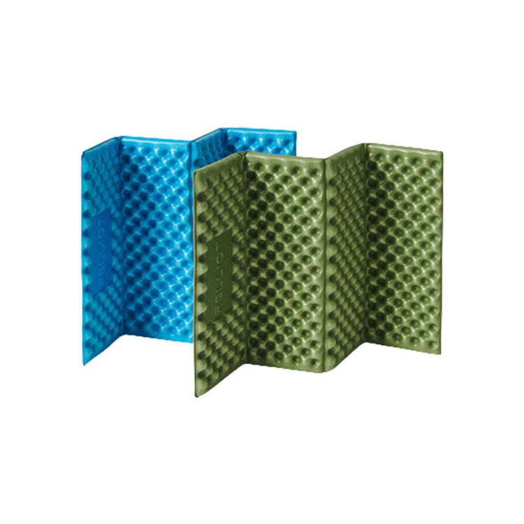 Two folded egg nest cushions, one blue and one green, are shown partially unfolded to reveal their textured surface. The blue cushion is angled to the left, and the green cushion is angled to the right. Below are icons illustrating "Soft elastic comfort," "Lightweight and portable," "Durable," and "Waterproof and moisture-proof."