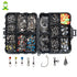 An open black plastic tackle box containing 160 various silver and colored fishing accessories, including hooks, swivels, sinkers, snaps, and beads, neatly organized in separate compartments. Individual examples of a swivel with a snap, a barrel swivel, a three-way swivel, a hook, and a sinker are shown below the box.
