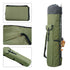 A green nylon two-layer fishing rod bag, shown both empty and folded, with close-ups of the carrying strap and zipper details. A fishing rod with a reel is partially visible inside the standing bag.