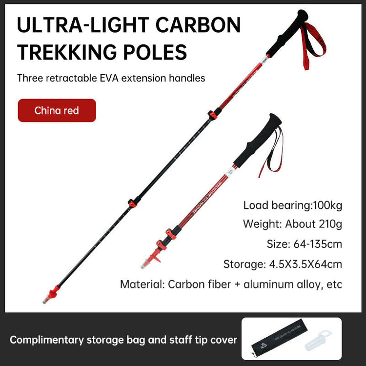 Two ultra-light carbon trekking poles are shown against a white background. The top pole is fully extended and red with black EVA handles and a red wrist strap. The bottom pole is partially retracted and also red with black accents. Text details the "Ultra-Light Carbon Trekking Poles," "Three retractable EVA extension handles," color "China red," load bearing (100kg), weight (about 210g), size (64-135cm), storage size (4.5x3.5x64cm), and material (Carbon fiber + aluminum alloy, etc.). A "Complimentary stora