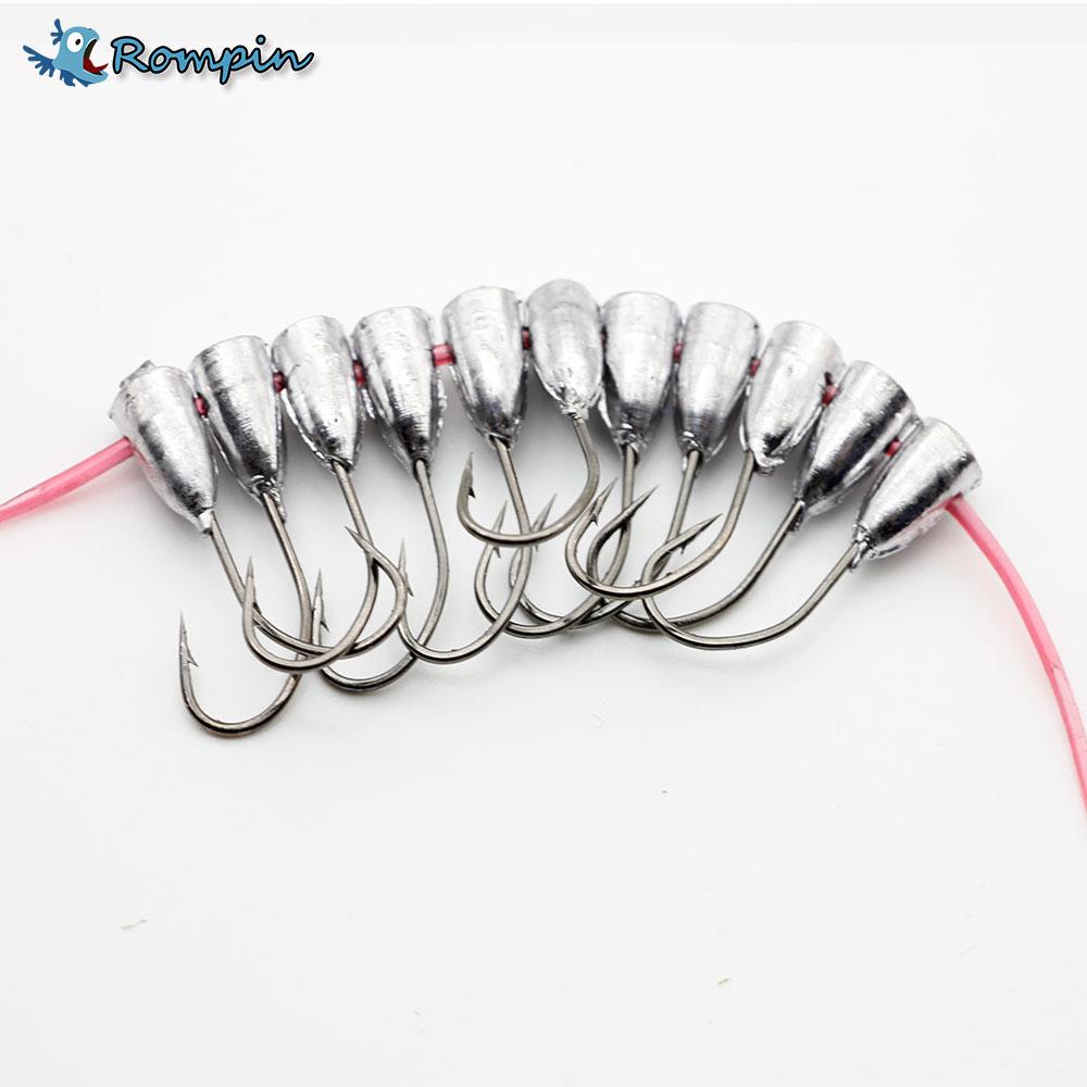 Ten silver fishing hooks with integrated lead weights are arranged in a row, attached to a pink fishing line. The "Rompin" logo is visible in the upper left corner.