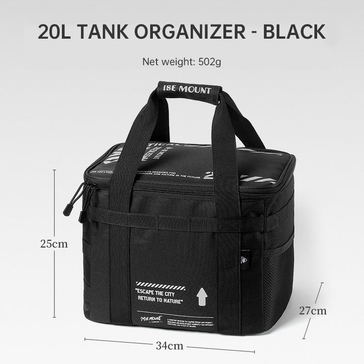 A black 20L outdoor gas tank storage bag with carrying handles is shown against a light gray background. The bag has a rectangular shape with dimensions indicated by arrows: 34cm (width), 25cm (height), and 27cm (depth). Text above the bag reads "20L TANK ORGANIZER - BLACK" and "Net weight: 502g." A logo "ISE MOUNT" is visible on the top handle strap.