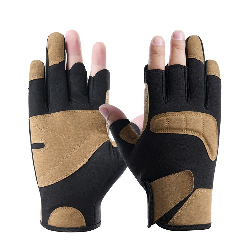 A pair of black and khaki three-finger fishing gloves with exposed fingertips for the thumb, index, and middle fingers.