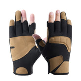 A pair of black and khaki three-finger fishing gloves with exposed fingertips for the thumb, index, and middle fingers.