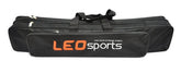 A black LEO Sports 70cm double-layer fishing rod bag with two main zippered compartments, a smaller zippered side pocket, two black hand straps, and a black adjustable shoulder strap. The "LEO sports FOR YOUR EXTREME SPORTS" logo is visible on the side pocket.