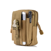 A tan tactical Molle pouch with a secure buckle closure has a smartphone and a pen inserted into its side pockets.