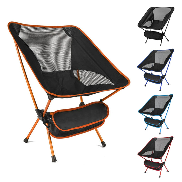 A black and blue ultralight folding camping chair is shown next to its matching black and blue zippered storage bag.