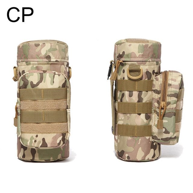 Two views of a durable olive green tactical MOLLE water bottle pouch with multiple attachment points and a zippered accessory pocket.