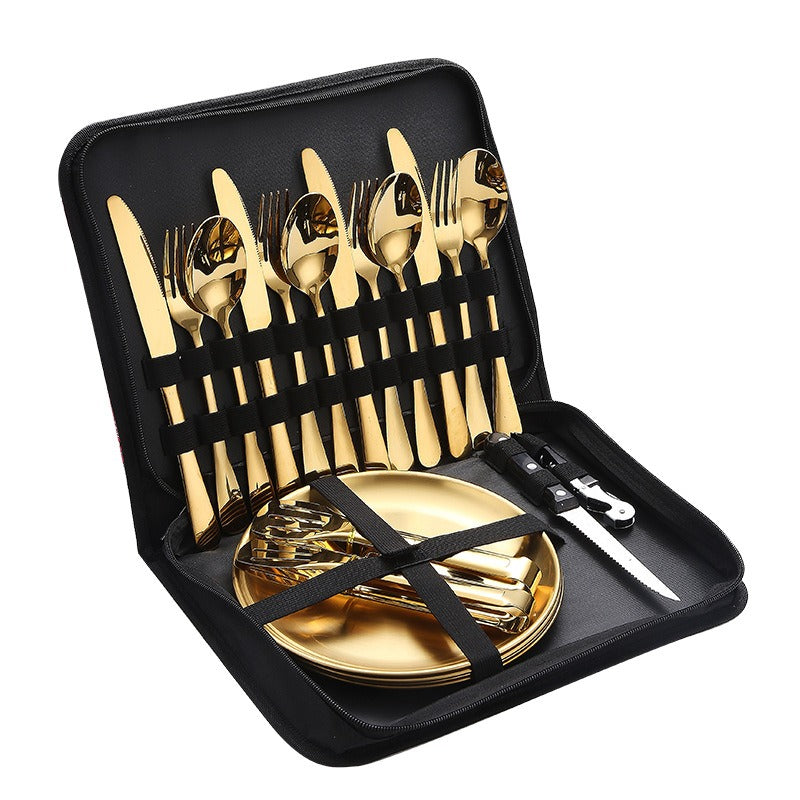 Lightweight Stainless Steel Camping Flatware Set with Dinner Plates & Portable Bag - Perfect for Outdoor Dining