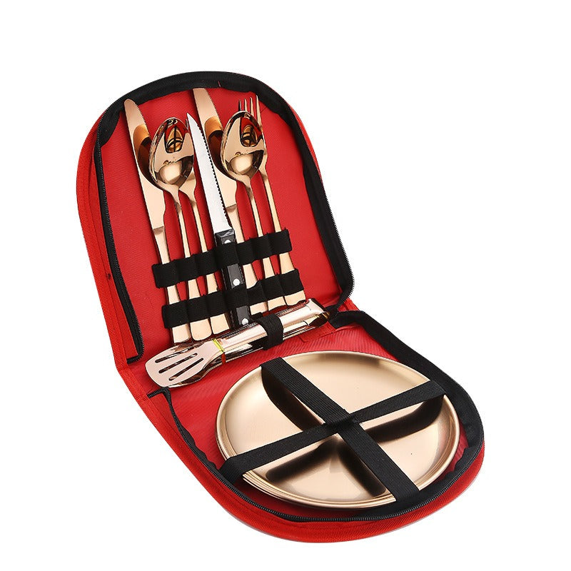 Lightweight Stainless Steel Camping Flatware Set with Dinner Plates & Portable Bag - Perfect for Outdoor Dining