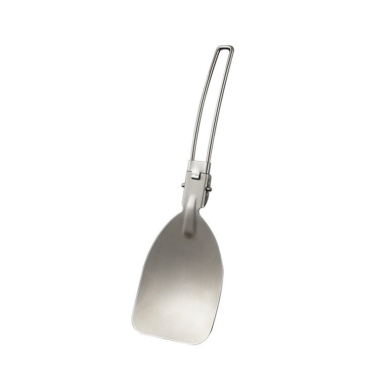 A silver folding spatula made of 304 stainless steel is shown against a white background. The handle is folded down towards the spatula head.