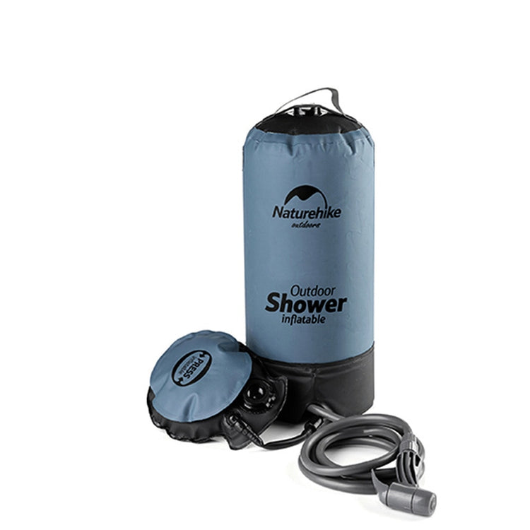 A blue Naturehike 11L inflatable outdoor shower bag stands upright next to its black foot pump and a coiled gray shower hose with a gray nozzle. The Naturehike logo and "Outdoor Shower inflatable" are printed in white on the blue bag. "11L" is printed in white to the left of the bag.