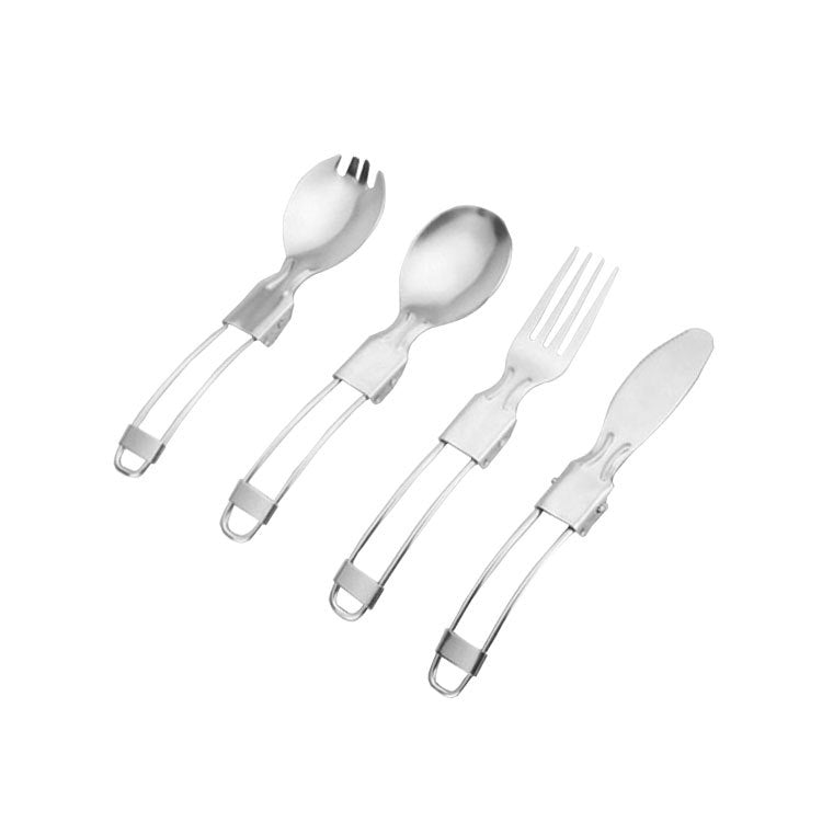 A four-piece stainless steel cutlery set with a folding knife, fork, and spoon, neatly arranged, showcasing its portability and stylish design.