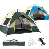 A blue, white, and yellow fully automatic camping tent is shown pitched against a white background with its entrance open, revealing a dark interior.