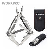 A WORKPRO 16-in-1 multifunctional plier, shown both folded and unfolded, highlighting its various tools and stainless steel construction.