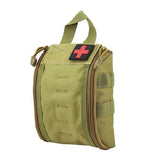 An army green tactical first aid bag with a red cross patch is shown against a white background. The bag has multiple zippered compartments, MOLLE webbing on the sides, and a carrying handle on top.