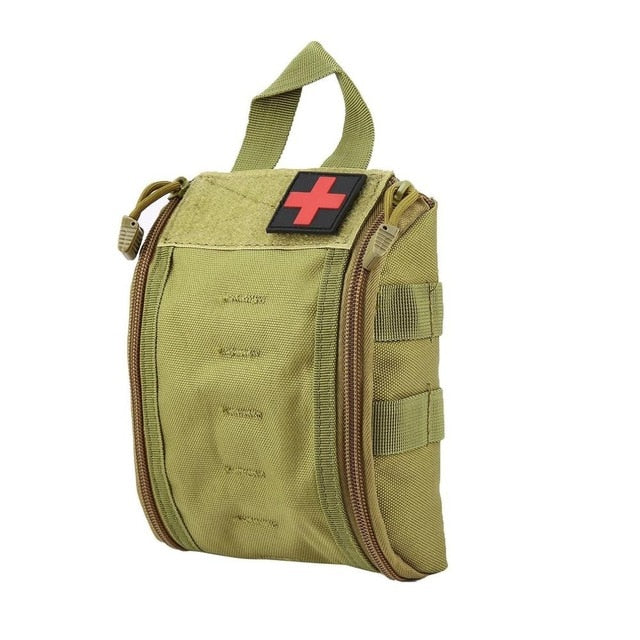 An army green tactical first aid bag with a red cross patch is shown against a white background. The bag has multiple zippered compartments, MOLLE webbing on the sides, and a carrying handle on top.