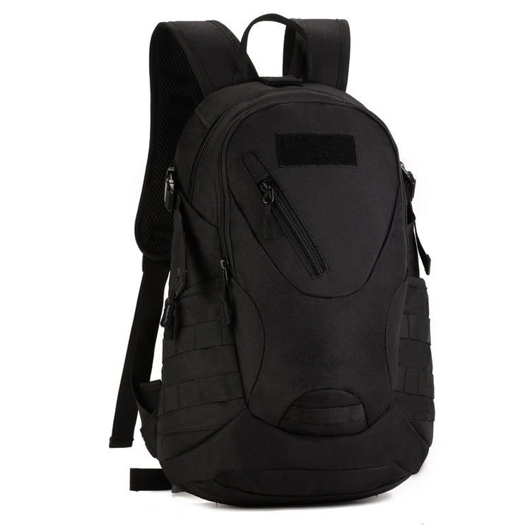 A black 20L military-style backpack with multiple zippered pockets and adjustable shoulder straps.