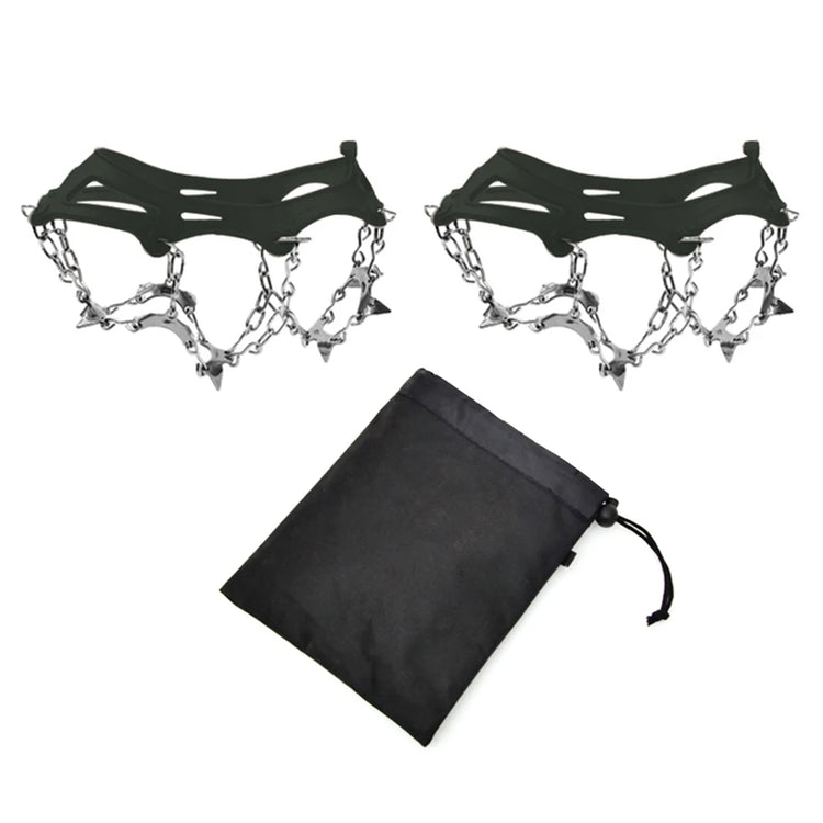 Two black ice snow grippers with silver steel spikes and chains are shown above a black drawstring storage bag against a white background.