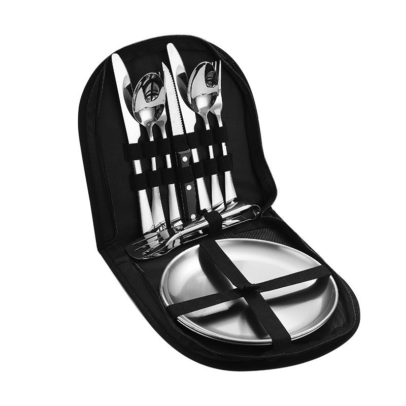 Lightweight Stainless Steel Camping Flatware Set with Dinner Plates & Portable Bag - Perfect for Outdoor Dining