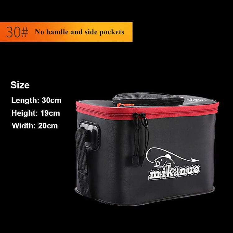 A black rectangular Mikanuo portable EVA fishing bucket with a red zippered lid and a white fish logo is shown against a black background. A size diagram to the left indicates the bucket&
