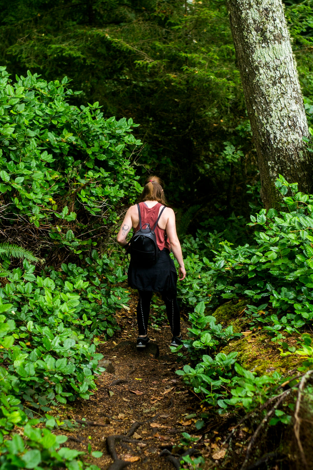 a person with a backpack walking on a trail in the woods