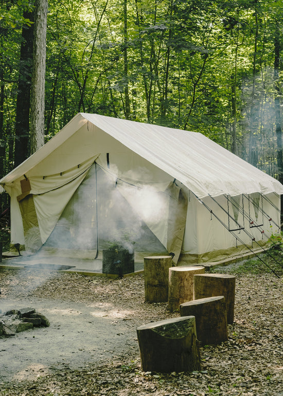 a tent in the woods