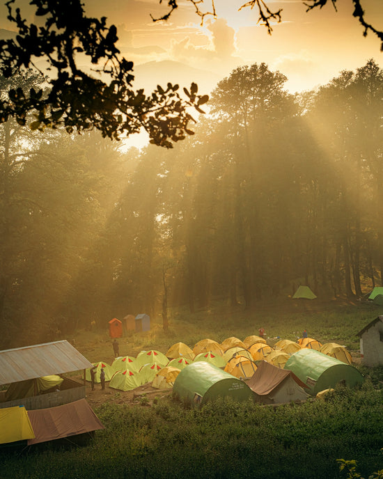 A group of tents set up in a field