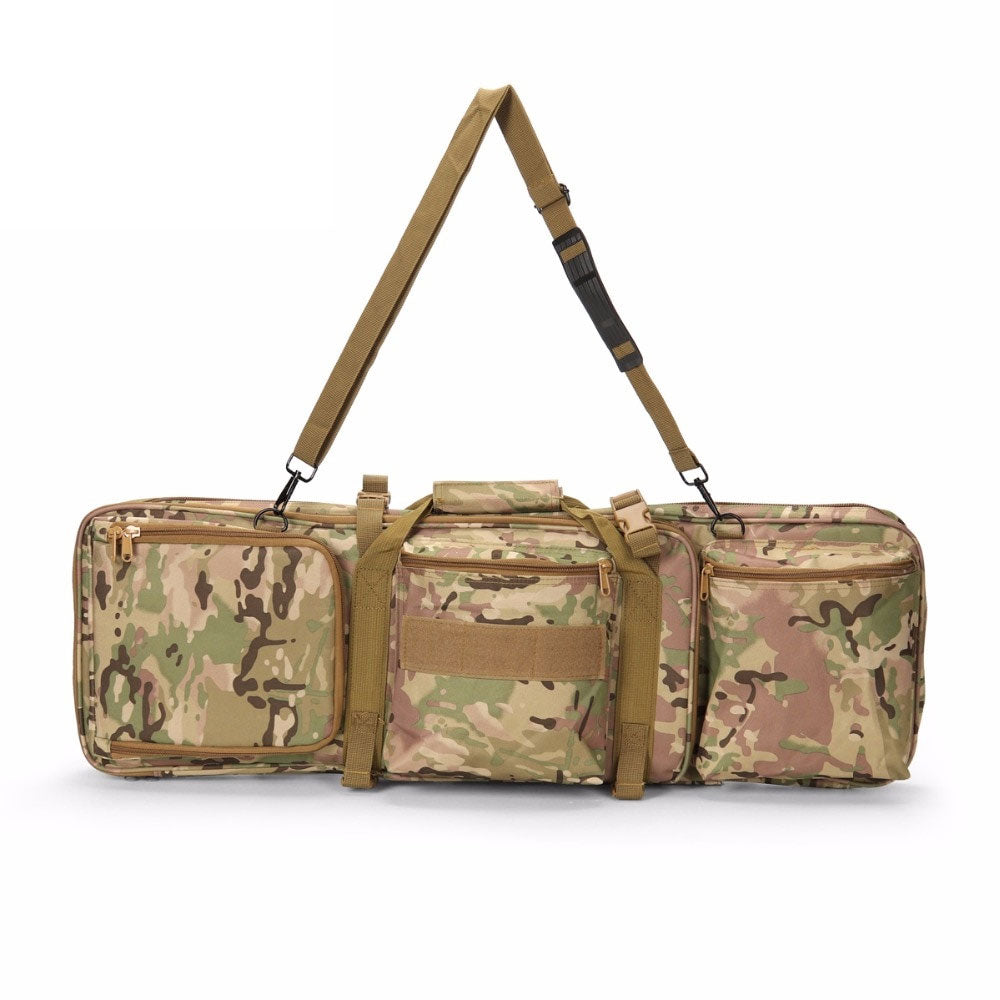 A camouflage tactical carrying case with multiple zippered compartments, carrying handles, and an adjustable shoulder strap laid against a white background.