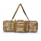 A camouflage tactical carrying case with multiple zippered compartments, carrying handles, and an adjustable shoulder strap laid against a white background.