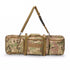 A camouflage tactical carrying case with multiple zippered compartments, carrying handles, and an adjustable shoulder strap laid against a white background.
