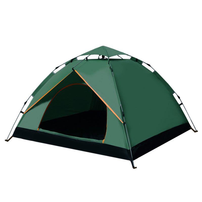 A dark green automatic quick-open camping tent with two doors is shown pitched against a white background. Below the tent are three smaller images showing included items: windproof ropes and ground stakes, a dark green tent storage bag, and a dark green tent overhead cover.